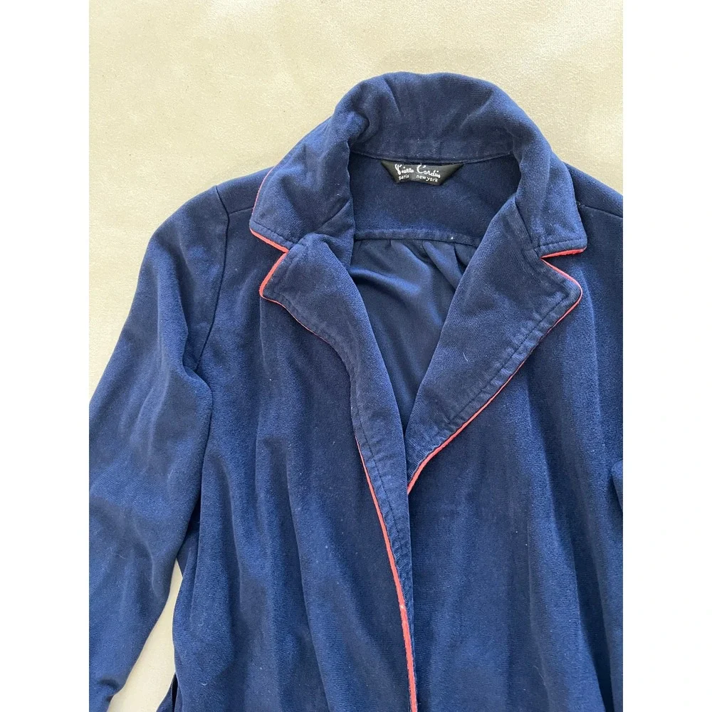 Vintage Pierre Cardin Navy Blue Full Length Robe Pink Trim Logo Embroidered